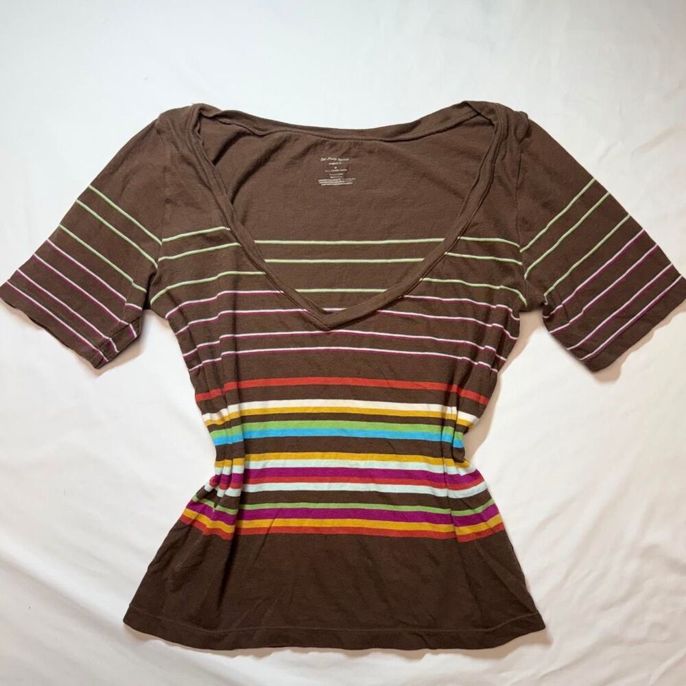 Vintage Y2K Deep V-Neck Elena Gilbert Chocolate Brown Rainbow Stripes Fitted Tee